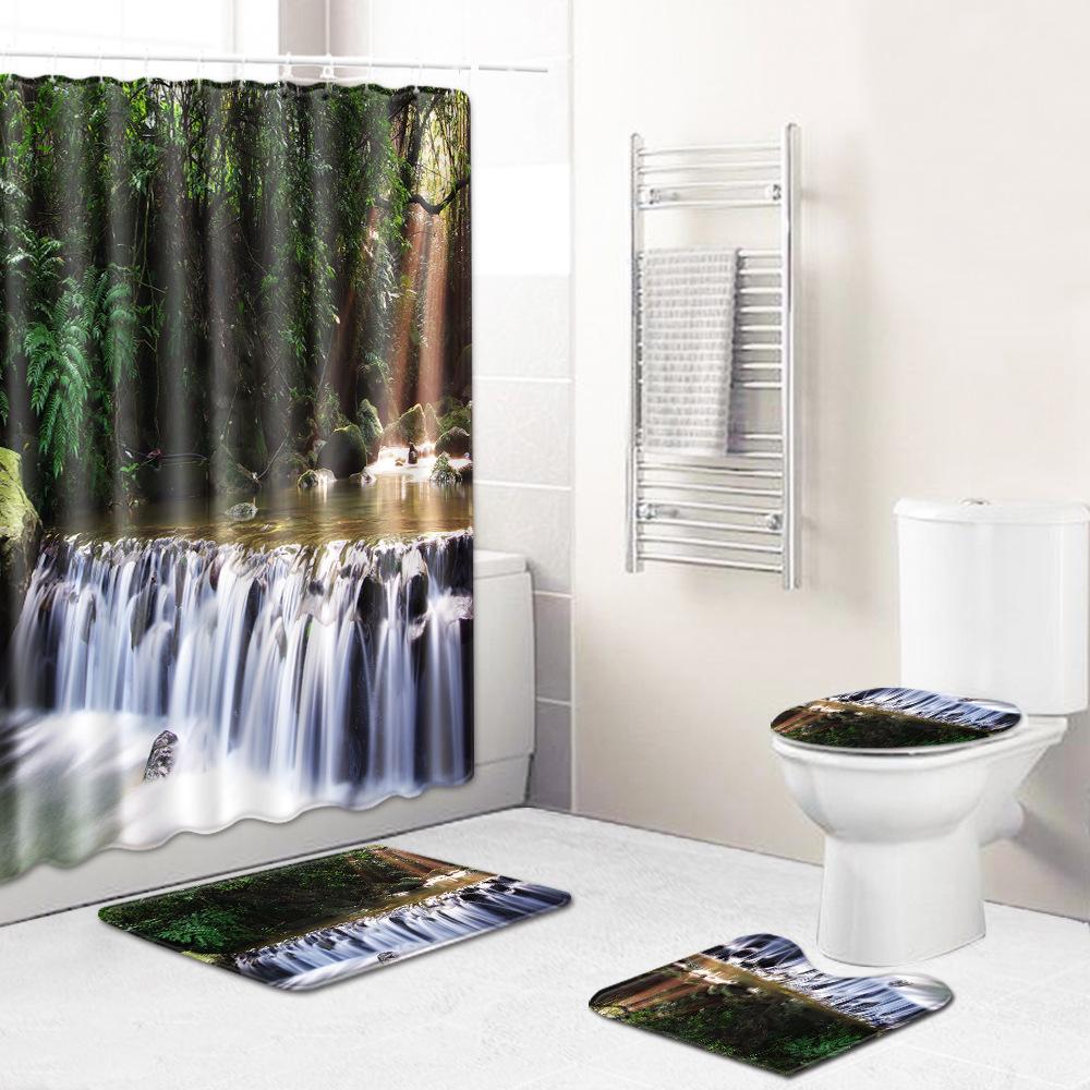 Landscape Shower Curtain Floor Mat Combination Four-Piece Set Bathroom Toilet Carpet Shower Room Mat Foot Mat