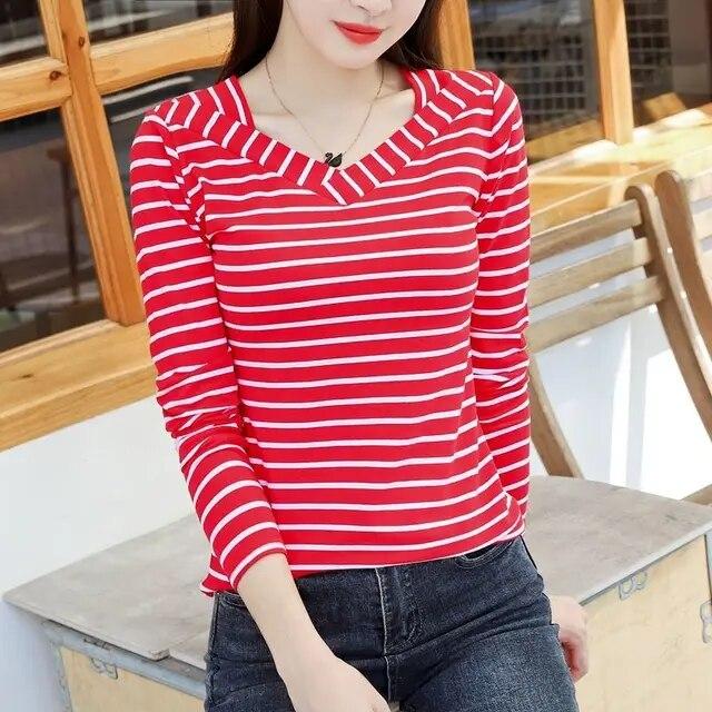 95 Cotton Long Sleeved Striped T-shirt Women's Fashion Spring Autumn New V-neck Bottoming Blouse