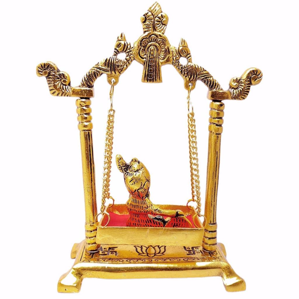Laddu Gopal On Jhulla Palana Metal Statue Gold Plated Decor Your Home,Office Metal Krishna Murti,Showpiece Figurines,Religious Idol Gift Article.
