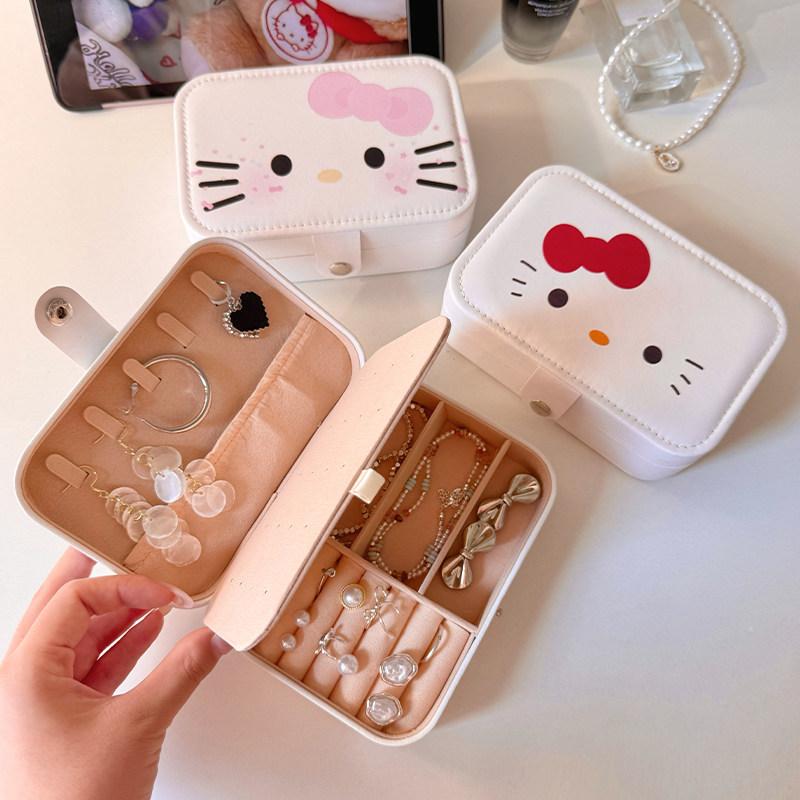 Adorable Hellokitty Jewelry Display Organizer Boxes Portable Earrings Necklace Storage Box Double-layer Girl Hairclip Storage Case
