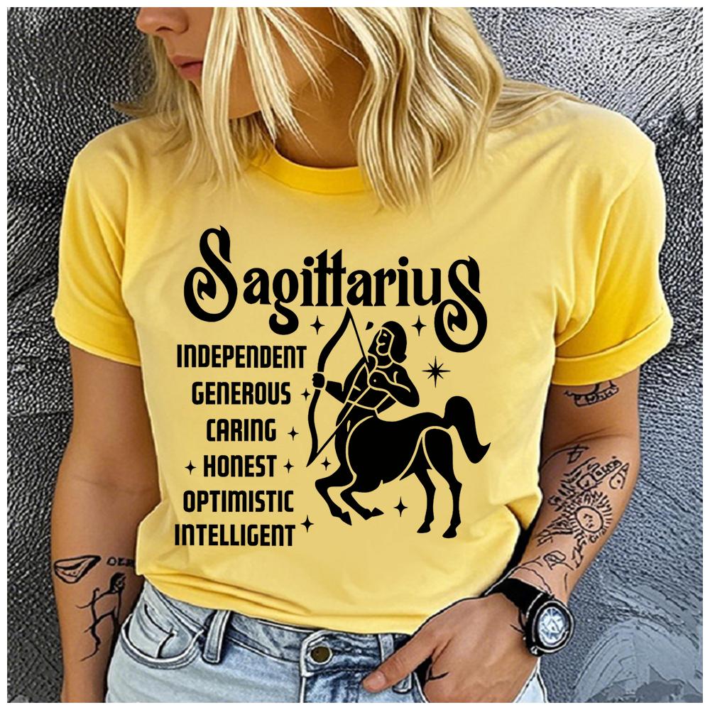 Unisex 100% Polyester Zodiac Sign Print Loose round Neck Short Sleeve Fashion Summer Top for Astrology Lovers