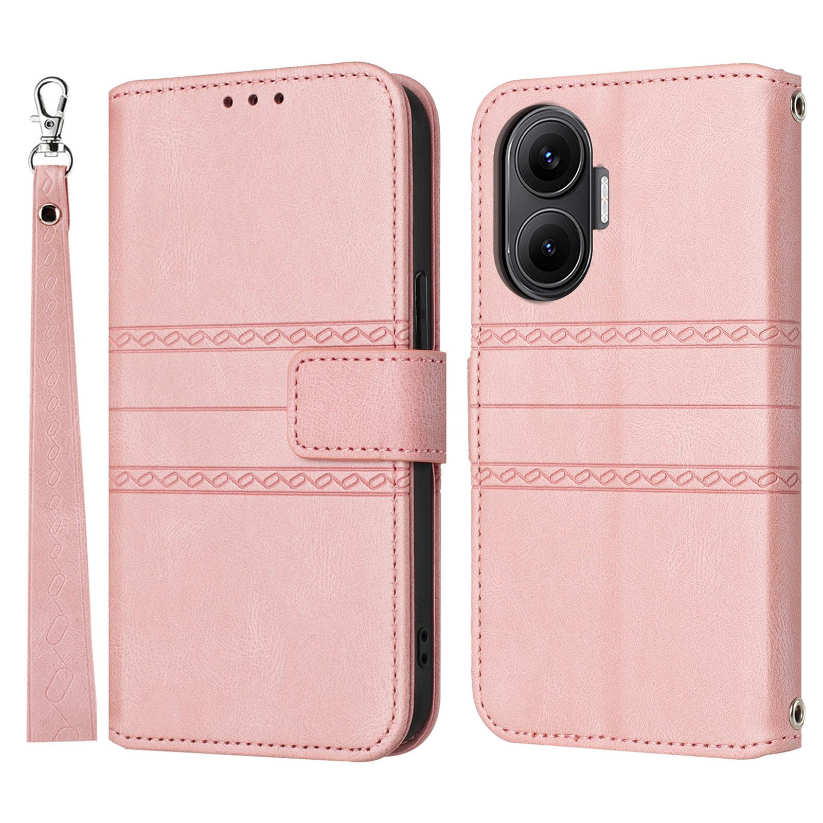 

For Xiaomi Poco F7 5G/Redmi Turbo 4 Pro 5G Case Wallet Skin-Touch Leather Imprinted Phone Cover with Wrist Strap Pink