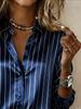 Chemise élégante bleu marine satinée à rayures verticales blanches pour femme - Chemisier à manches longues boutonnée pour le bureau et le quotidien