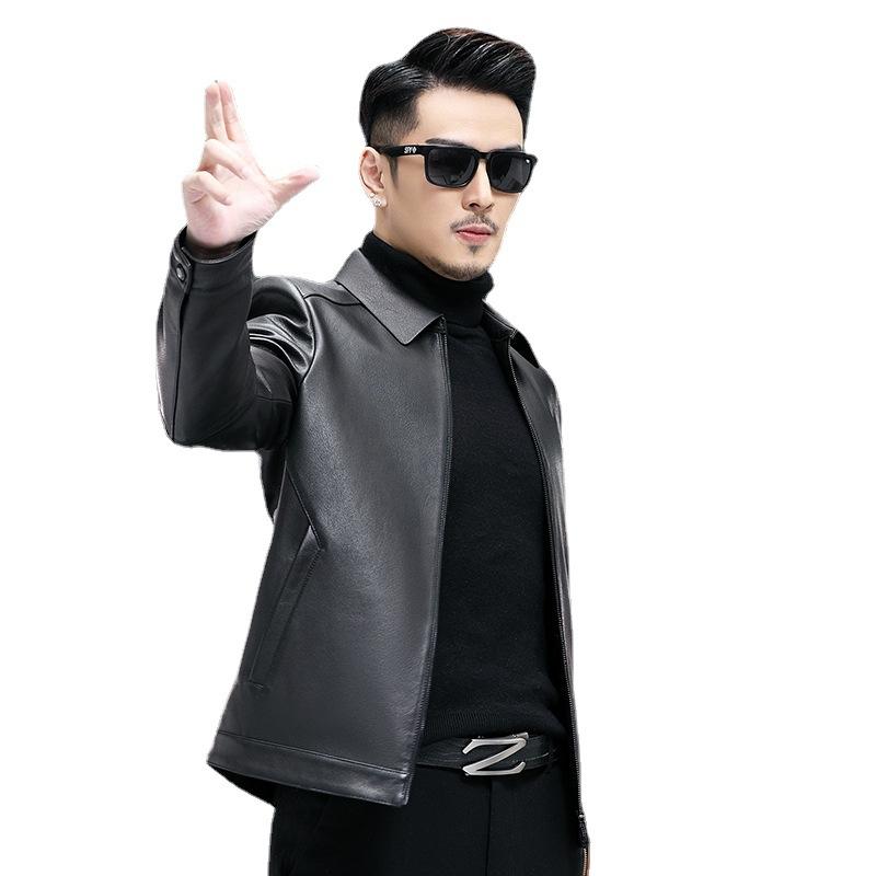 Spring and Autumn New Men's Genuine Leather Jacket Men's Goat Leather Jacket Lapel Business Dad Casual Jacket Versatile