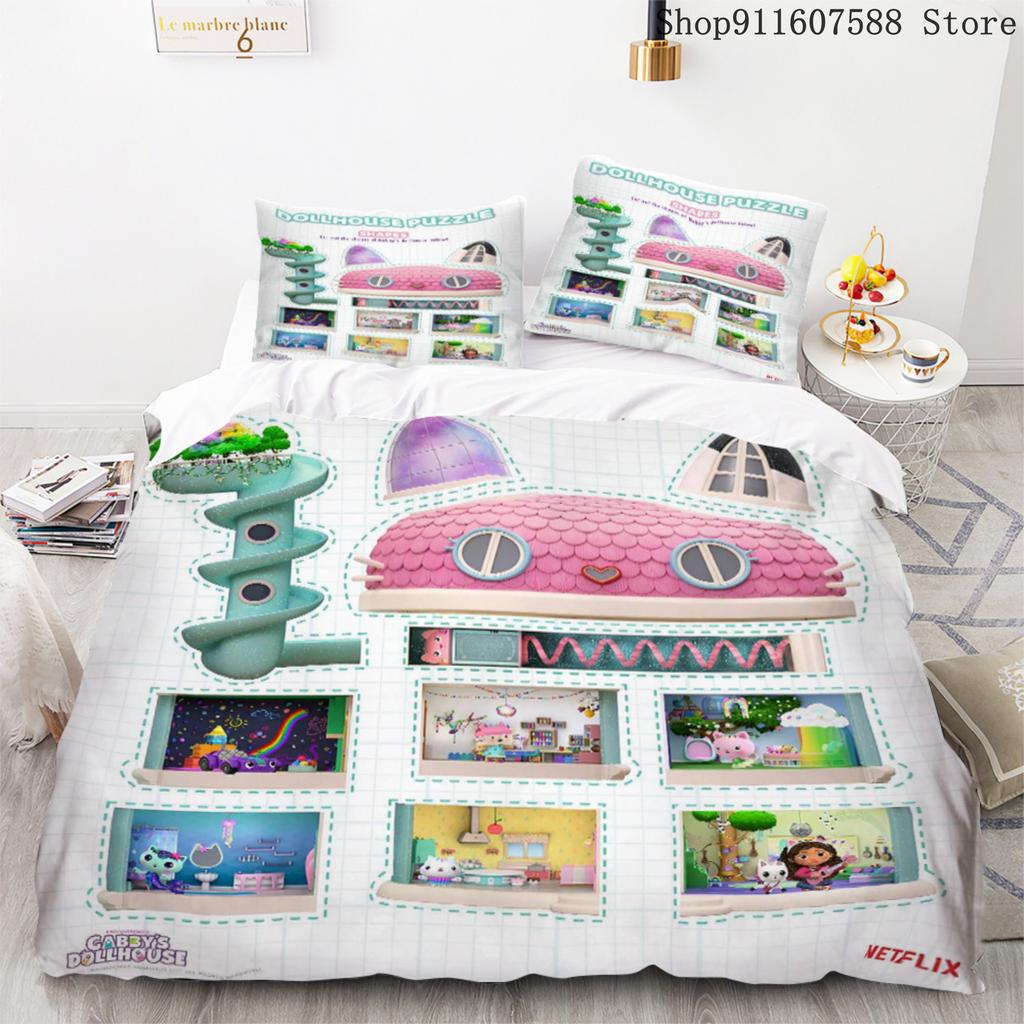 Gabby's Dollhouse Bedding Set Kawaii Bed Linen Set Single Double Size Home Decor For Girls Kids Cartoon Cute Cat Duvet Cover Set