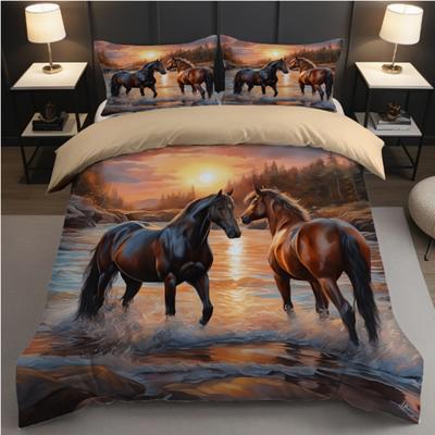 Dos Patrones de Caballos Galopando - Poliéster - Decoración del Hogar Decoración del Dormitorio -1 Colcha + 2 Fundas de Almohada (Sin almohada central.)