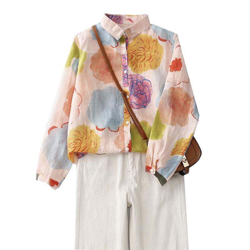 Camicia Vintage a Maniche Lunghe con Stampa Floreale 2026