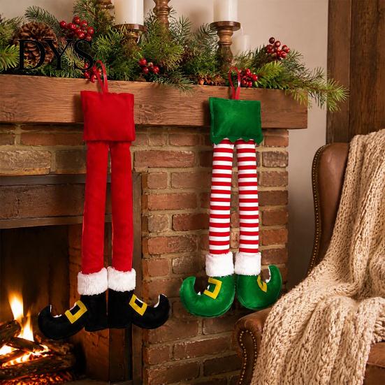 Unique Xmas Tree Hanging Ornaments Christmas Elf Leg Ornaments, Red Green Striped Fabric Decorations Novelty Decor for Home Holiday Fireplace And Car