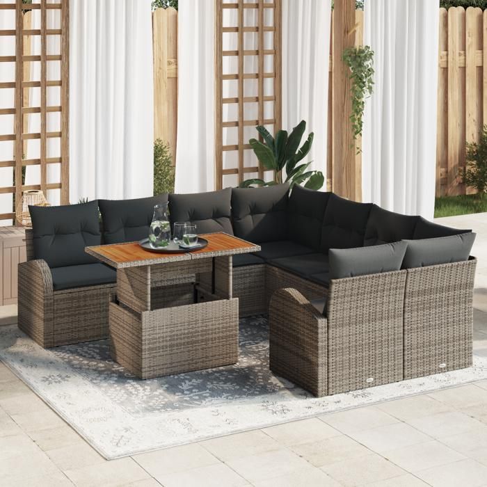 Ensemble de Canapé de Jardin 9 Pièces avec Coussins Gris Rattan Poly, Canapé de Jardin 2 Places avec Rangement et Coussins 3358302