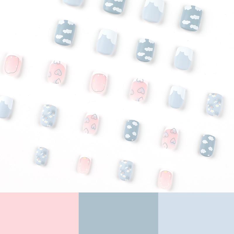24Pcs/Set Quick Nails Frosted Blue Clouds False Nials Sticker Wearable Waterproof Manicure Finished Nails