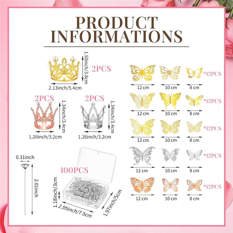 M-Modern-166 Pcs Crown Decor For Flower Bouquet With 6 Crown Cake Topper 100 Corsage Pins 60 Butterflies
