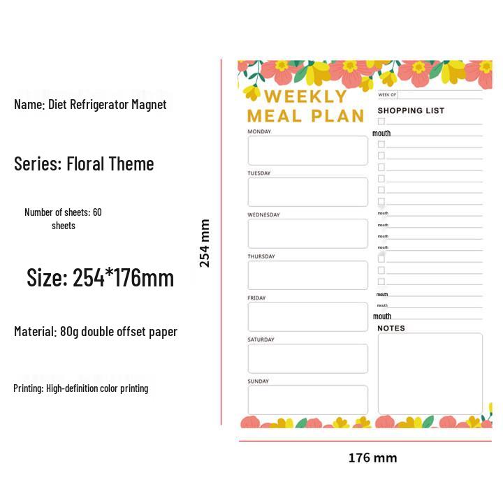 

Магнит на холодильник с цветочным узором, еженедельник и таблица рецептов для фитнеса 60 Sheets