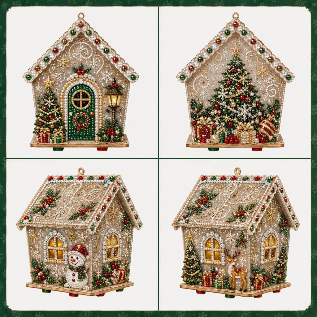 3D Christmas Wooden House Diamond Art Kit for Adults DIY Pearl Bead Painting Craft with Resin Gems Handmade Hanging Holiday Ornament Festive Wall