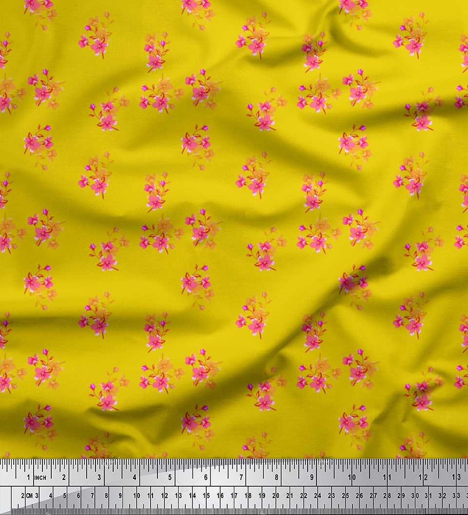 

Тканина Soimoi Black, Японія, креп-сатин, листя та барвінок, квітковий принт, швейна тканина, метр 42 дюйма 42 Inch Wide - Poly Crepe жовтий