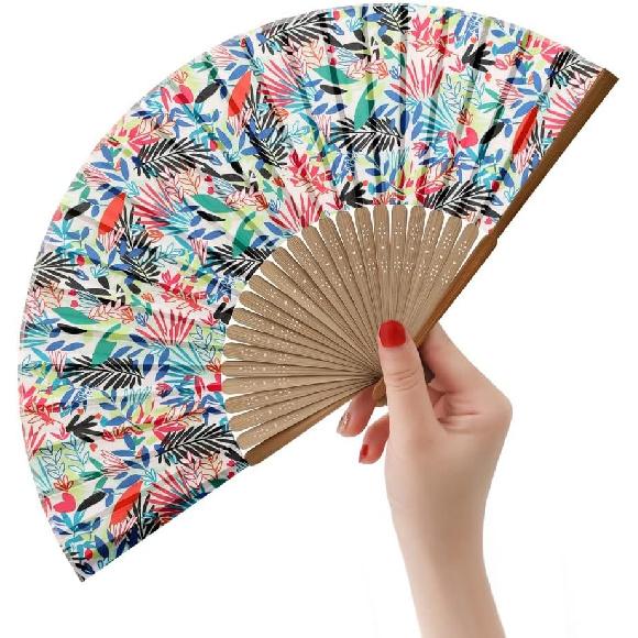 HeyToo Women Held Hand Folding Fan - Bamboo Printed Pattern Foldable Fan - Ideal for Decoration, Wedding, Themed Anniversary Party, Church, EDM,