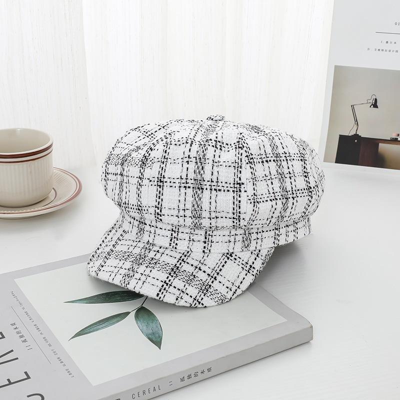 Black and White Cotton New Face-showing Plaid Striped Octagonal Beret Dome Fashionable Women's Hat Brim Strap