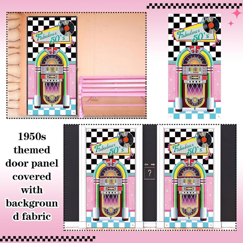 VitalCozy 71 x 35 Inch 1950s Party Decorations Retro 50s Fabric Door Cover 50's Rock and Roll Party Door Cover 50's Rocking Music Theme Backdrops