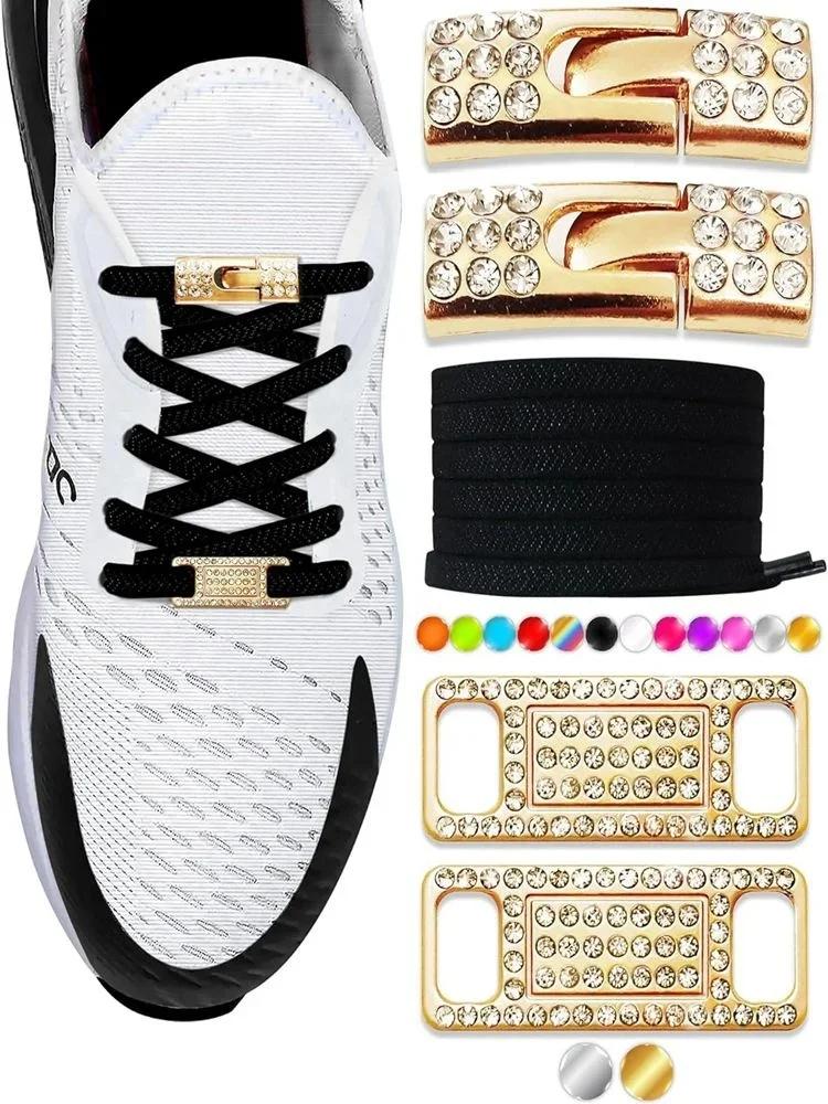 Elastic No Tie Shoe Laces Bling Diamond Cross Locks Shoelace Charms for Women Sneakers Luxury Smart Buckle AF1 Metal Shoelaces