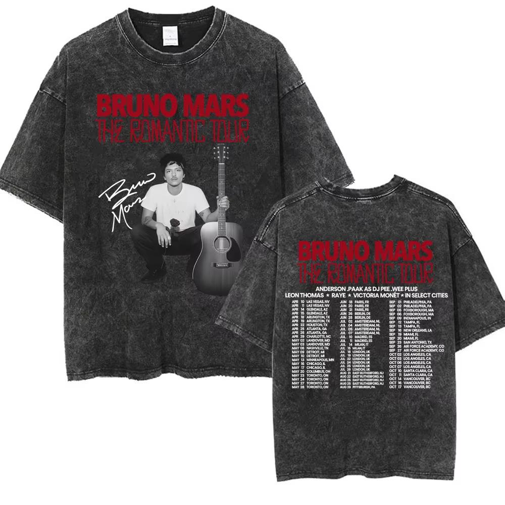 Bruno Mars The Romantic Tour 2026 Vintage Gewassen T-shirt Mannen Vrouwen Mode Hip Hop Pop Muziek T-shirt Zomer Casual Katoenen T-shirt