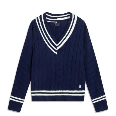 Striped V-Neck Comfortable Soft Breathable Long Sleeve Knit Sweater Women Tops Deep-Iris-Blue AMBV406-3