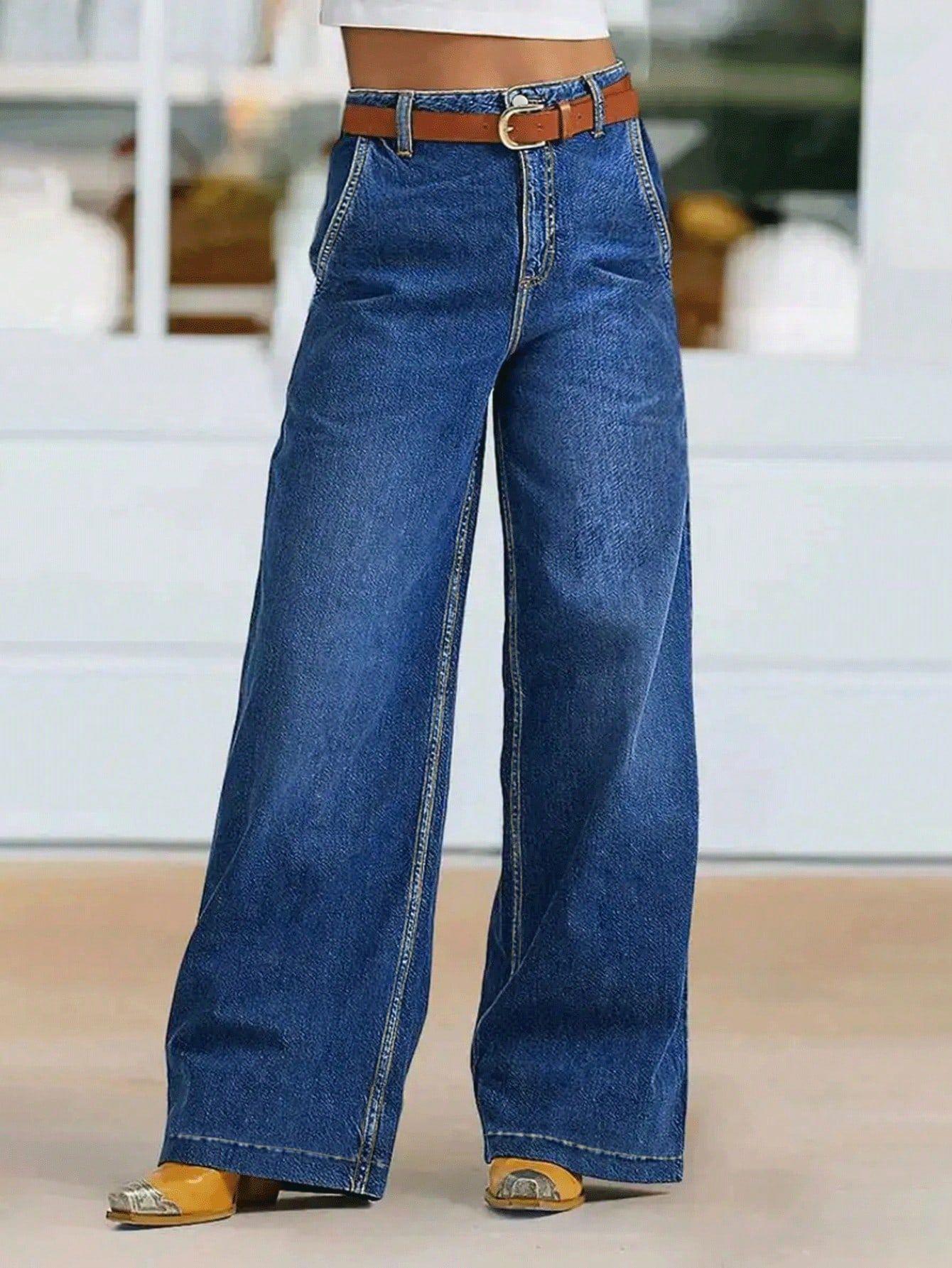 

2026 Plus Size European and American Wide Leg Stretch Denim Jeans for Women 0XL темно-синий