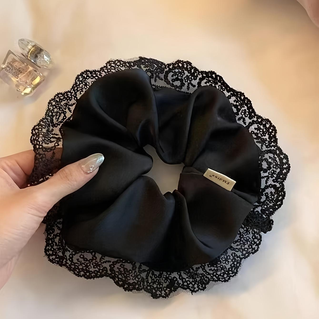 French Elegant Black Lace Scrunchies Large Satin Silk Hair Ties Ponytail Holder for Women 1 piece pack