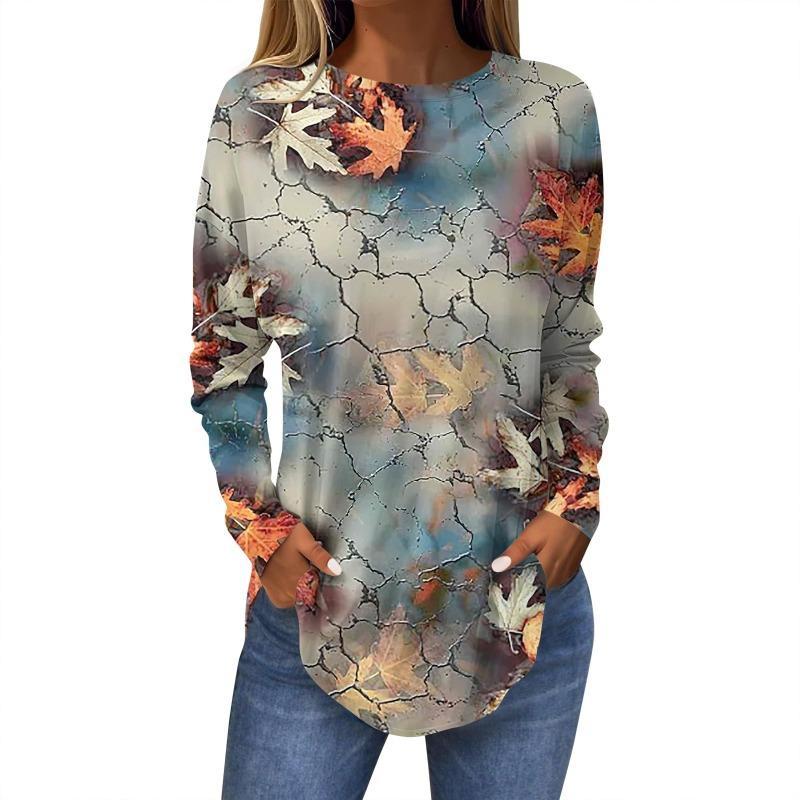 Damen T-Shirt mit 3D-Blattdruck, modisch, langärmlig, Rundhalsausschnitt, normale Oberteile, Feiertagswochenende, Frühling und Herbst