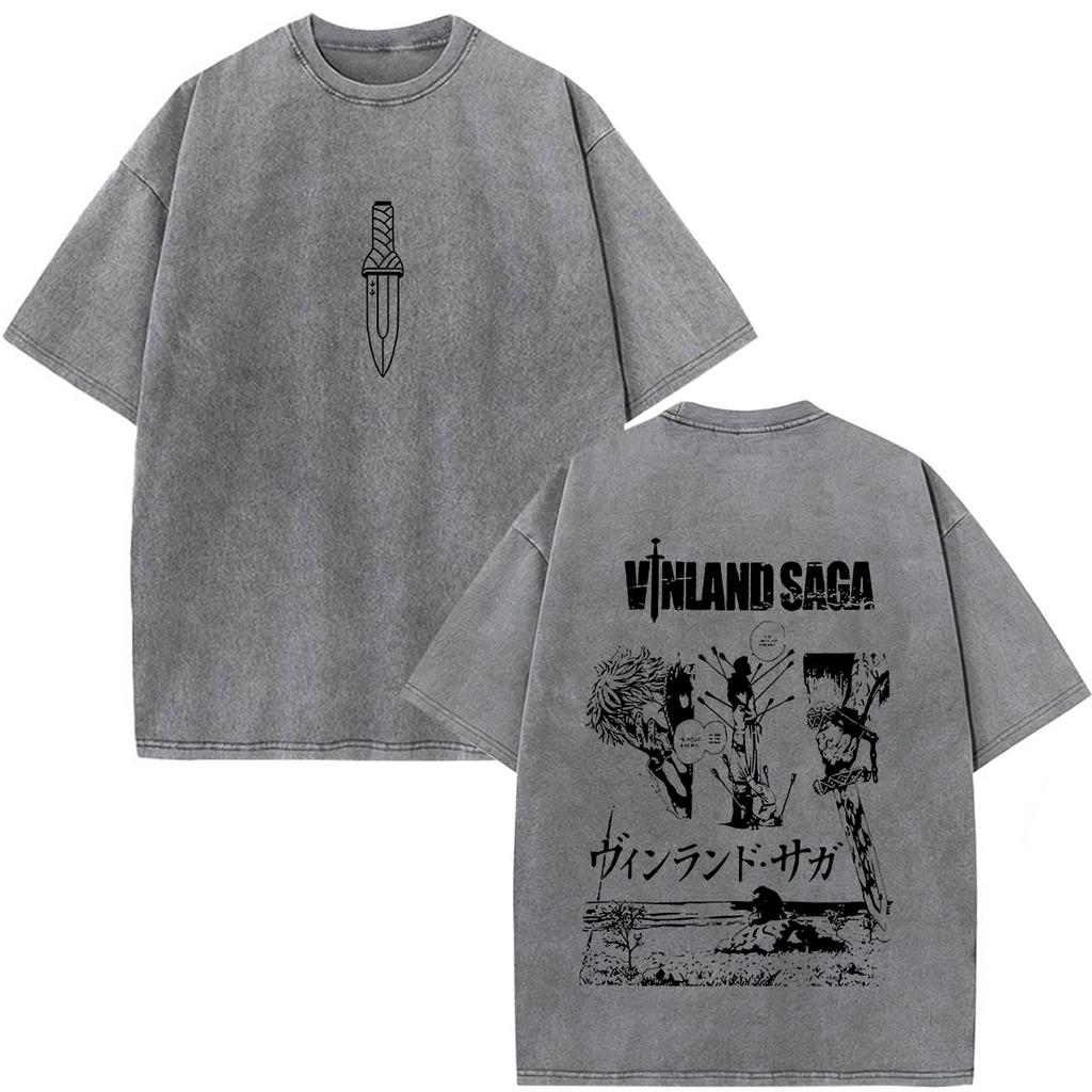 Anime Vinland Saga Manga Thorfinn Karlsefni Vintage Gewaschenes T-Shirt Herren Damen Sommer Mode Lässig Rundhals Übergroße T-Shirts