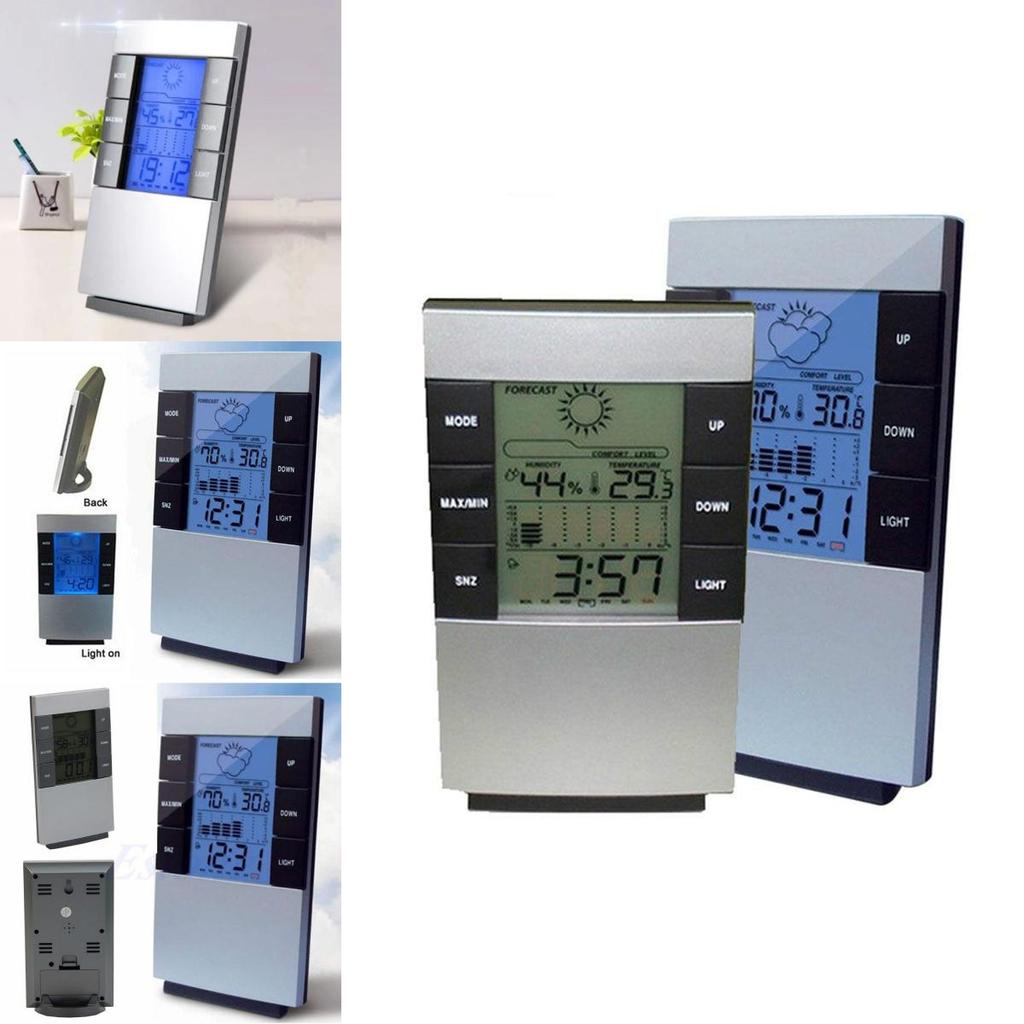Igrometro Termometro Digitale LCD Misuratore di Umidità Previsioni Meteo Orologio Sveglia Con Calibrazione Automatica e Display Retroilluminato Blu