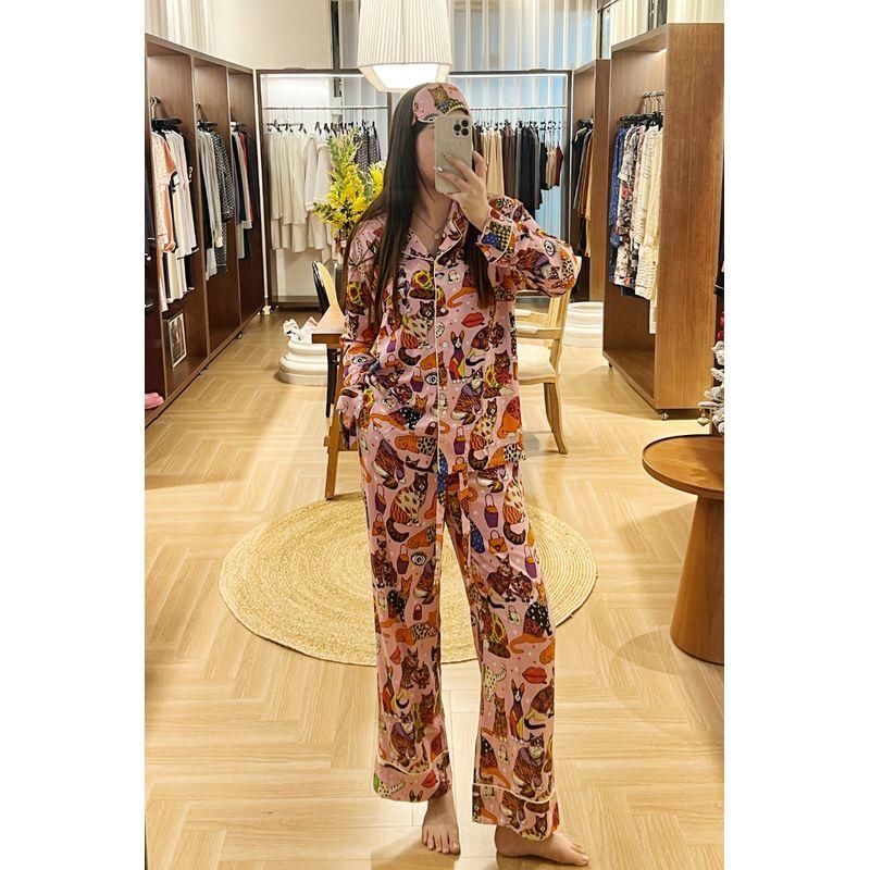 

Italian Light Luxury ~ Km Green Cat Pajamas Women s Suit Autumn and Winter Illustration Casual Rayon Long sleeve Trousers Home Wear Upgraded Pink Cat Suit L
