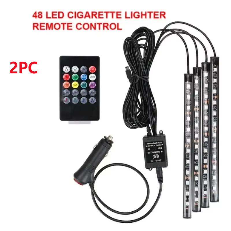 Neon 48 LED RGB Car Foot  Ambient Lights LED Strip Interior Lamps with USB/Cigarette Strip Decoration Bar Remote Control