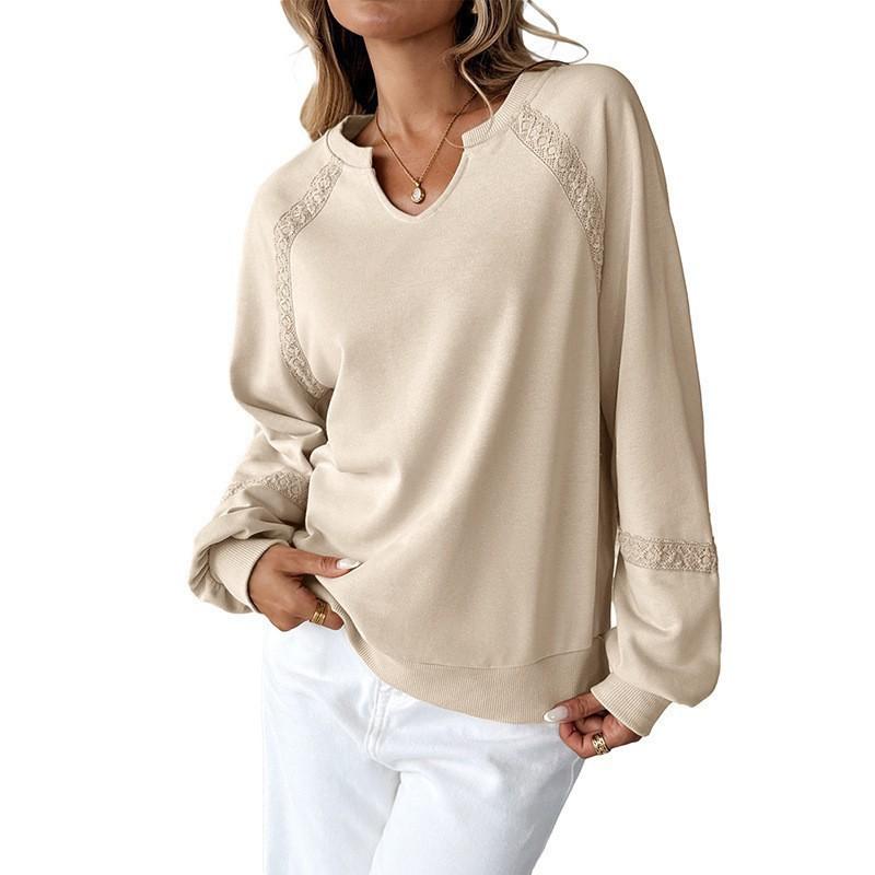Women's Lace Patchwork V-Neck Long Sleeve Pullover Sweatshirt Casual Solid Color Tops