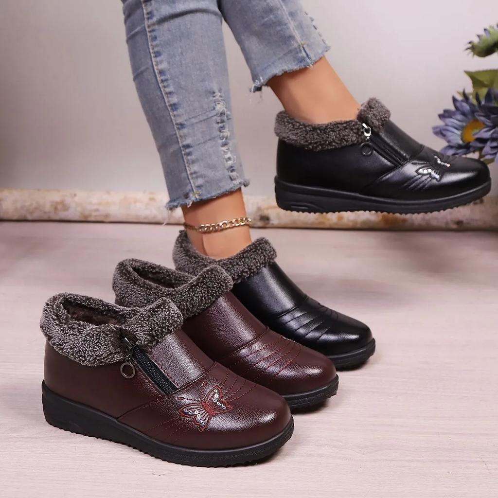 Butterfly Women's Shoes, Women's Boots, Winter Cotton Shoes, Zipper Casual Leather Winter Boots, Wedge-heeled Mid-heel Short-tube Snow Boots