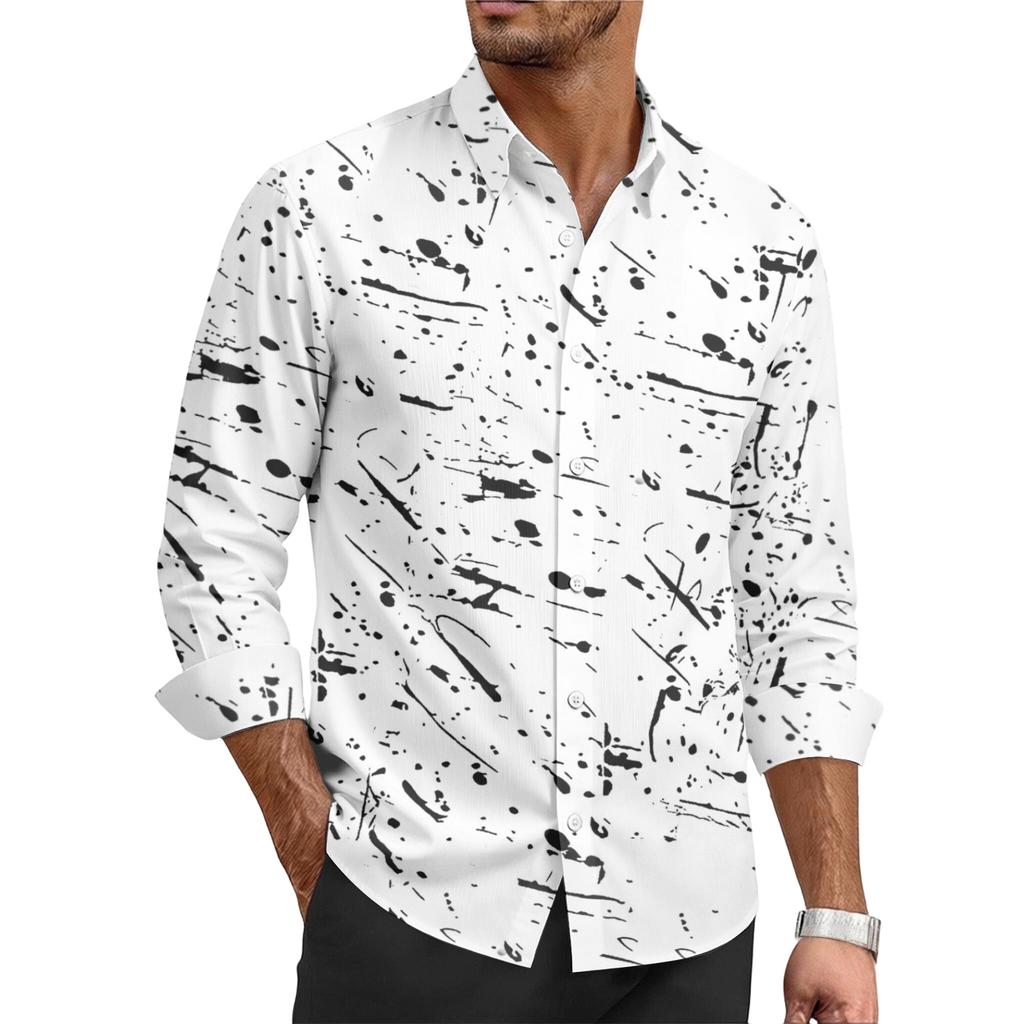 Men's casual stylish ink-blurry texture printed shirt - Men's lapel buttoned long-sleeved top
