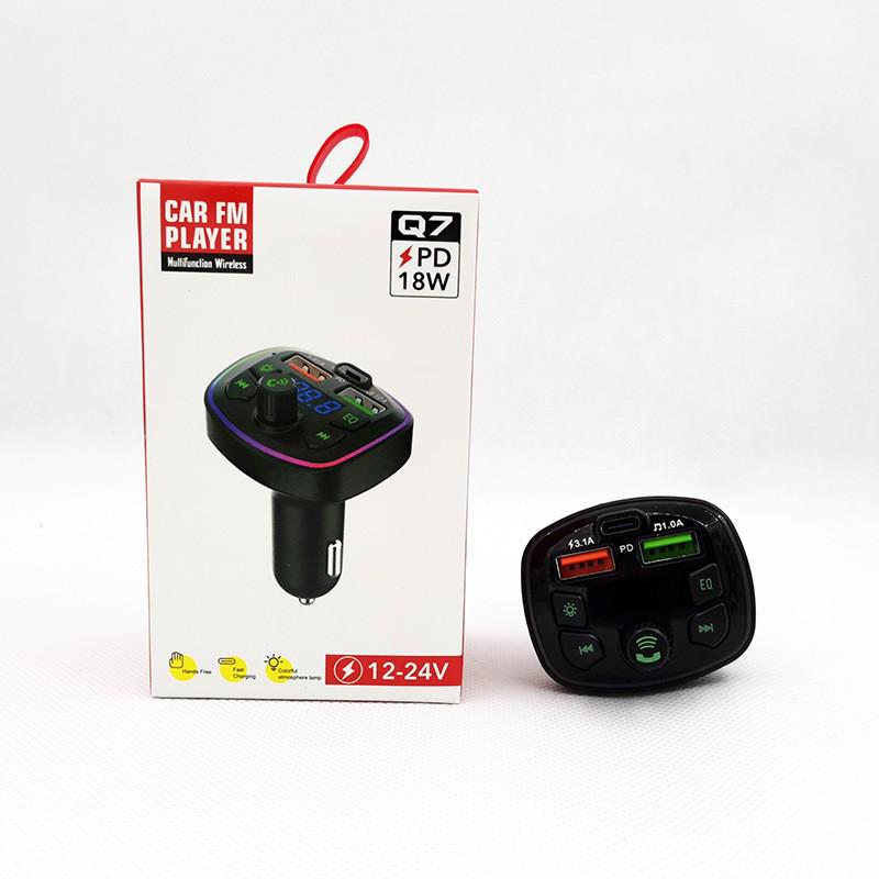 Q7 Car Bluetooth Charger with Fast Charge, Digital Display, Ambient Light, and TF Card Slot