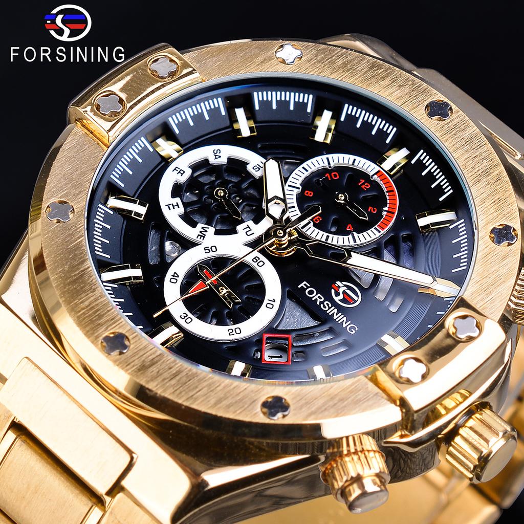 Forsining Three Dial Calendar Display Men Automatic Wrist Watch Luxury Military Sport Male Clock