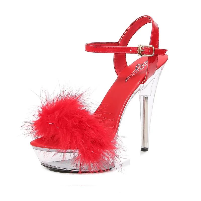 Fashion Women Fashion Buckle Plush High Heels Sandals Female Sexy Summer New Ladies Slingbacks Sandals Plus Size 34-43 Sandalias Mujer