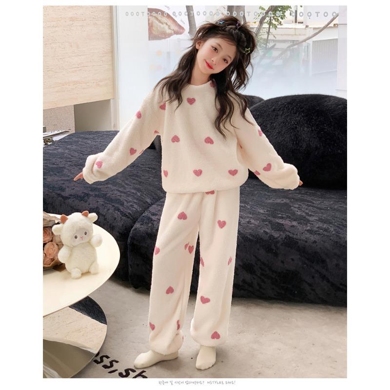 Girls Winter Coral Fleece Loungewear Set Big Kid Heart Pattern