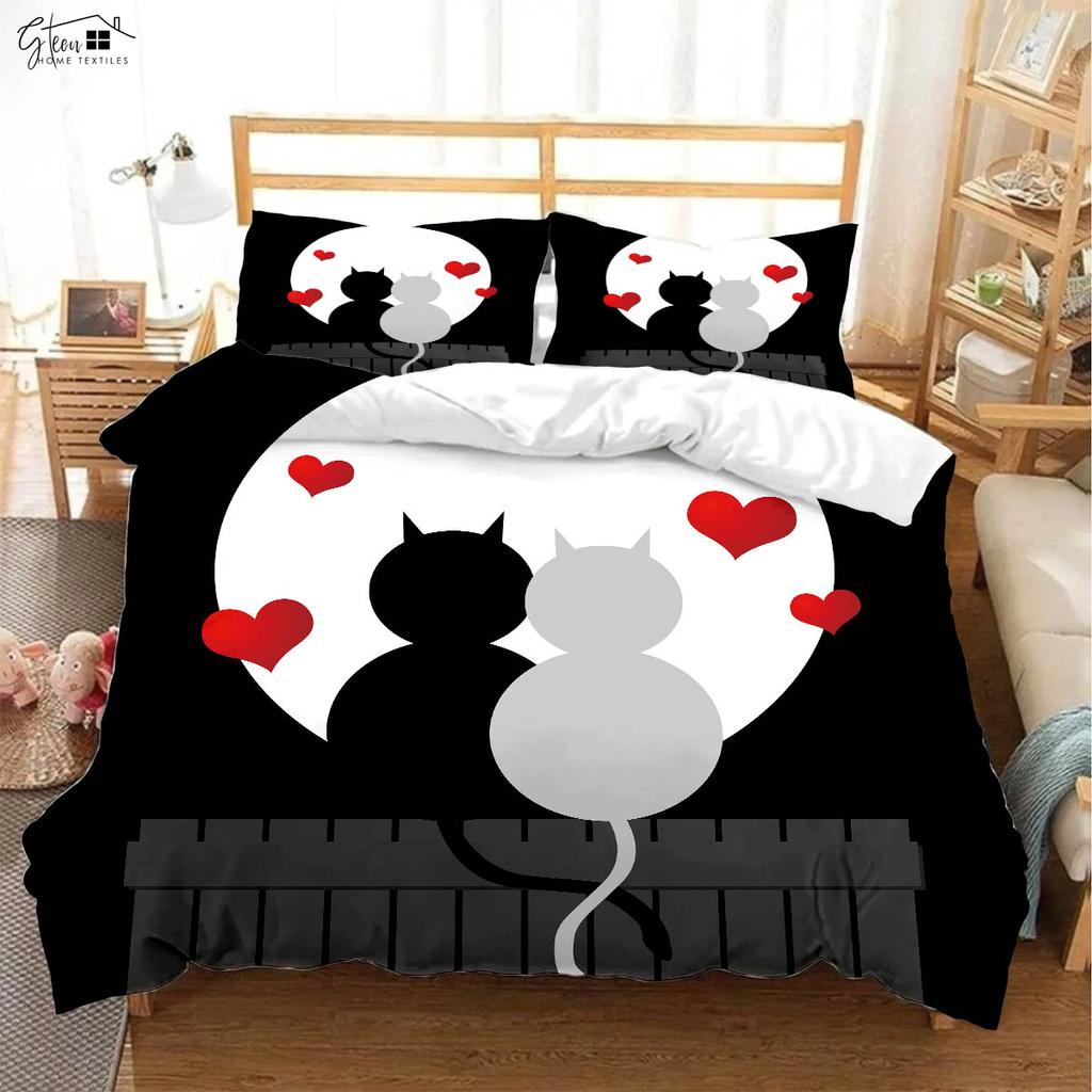 Cute Cartoon Cat Printed Quilt Cover Bedding Set 100% Polyester Duvet Cover Pillowcase Three-Piece Set