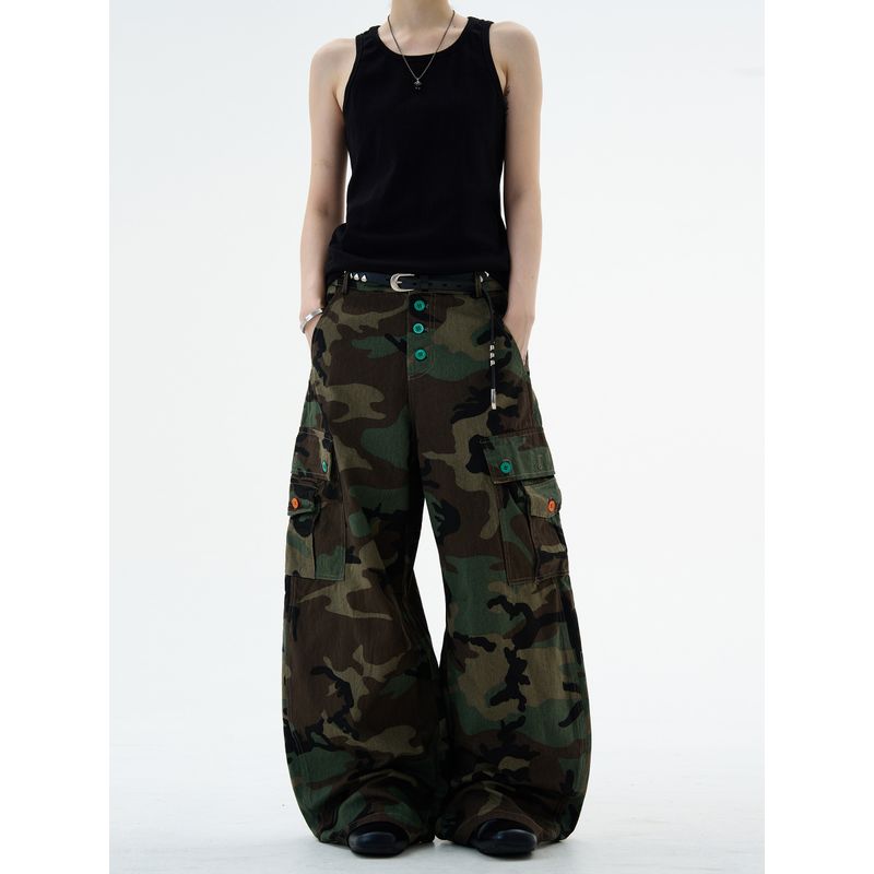 Madwitch American-Style Camouflage Scimitar Cargo Casual Pants Unisex Loose Fit Versatile Casual Color-Block Button Pants Trendy
