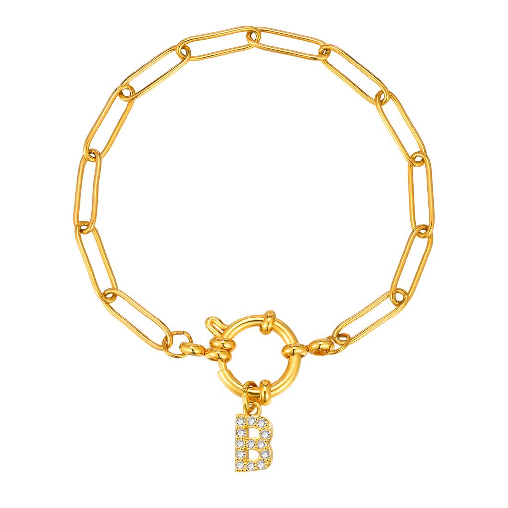Bubble Buckle Zircon Initial A-Z Charm Bracelet, Stainless Steel Square Chain Bracelet for Women, 26 Letters Alphabet Jewelry