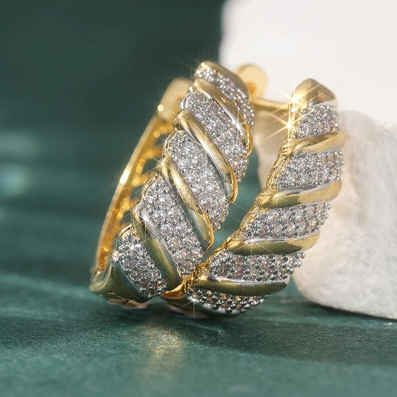 Women's Exquisite Golden Plated Sparking Synthetic Zircon Hoop Earrings Elegant Banquet Perfect Jewelry Accessories Gift
