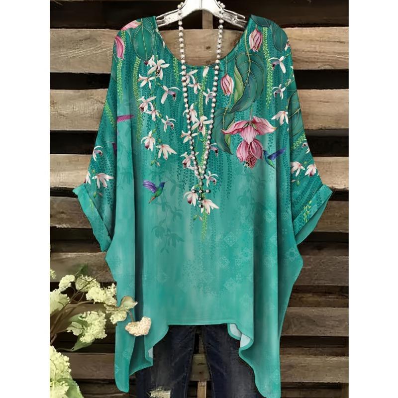Women's Bohemian Flower Print T-Shirts Black Colorful Retro Full Body Graphic