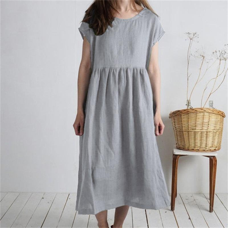 Women's Mid-Length Cotton Linen Dress - Round Neck, Short Sleeve, Solid Color, Pleated, Loose-Fit Casual Design