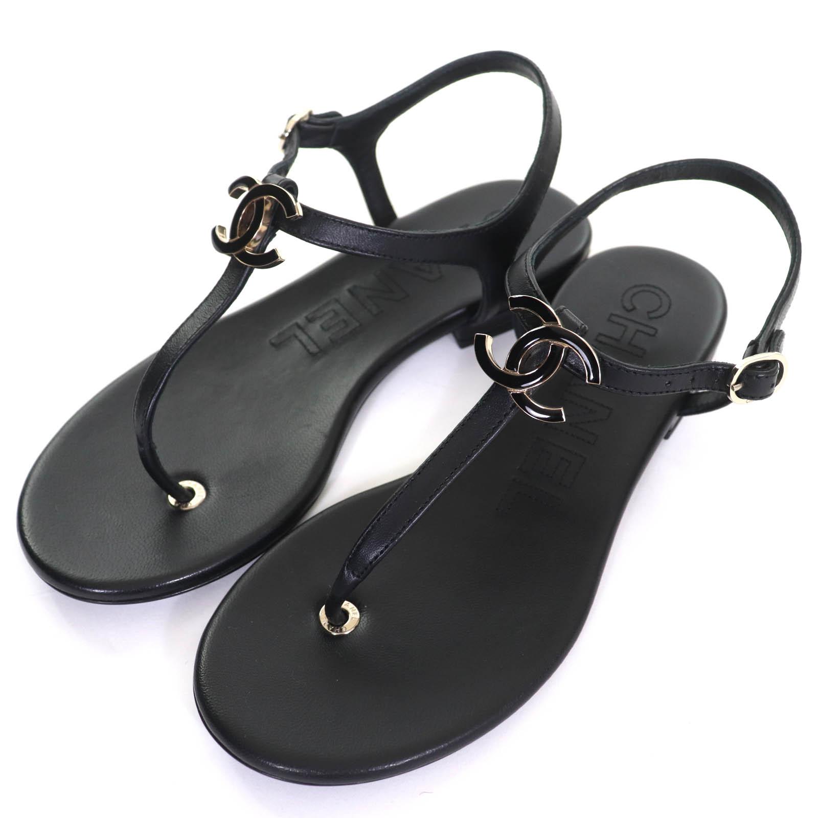 

CHANEL Sandals COCO Mark ankle strap thong sandal flats black leather 24C G45428 Used