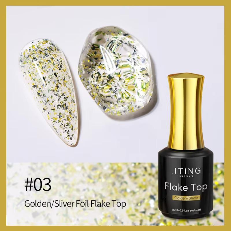 JTING Hot Popular Gold Silver Foil Flake Top Coat Gel Polish OEM ODM Private Label Flake Nail Gel Esmaltes En Gel Efecto Flake