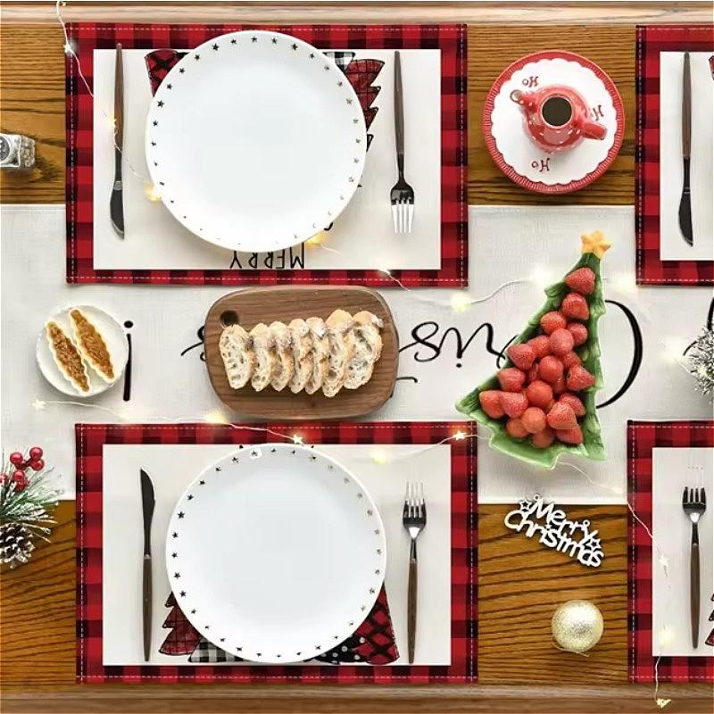 4pcs Christmas Tree Placemat Linen Dining Table Mats Coaster Bowl Coffee Cup Pad Mat 2025 Navidad Home Kitchen Decoration