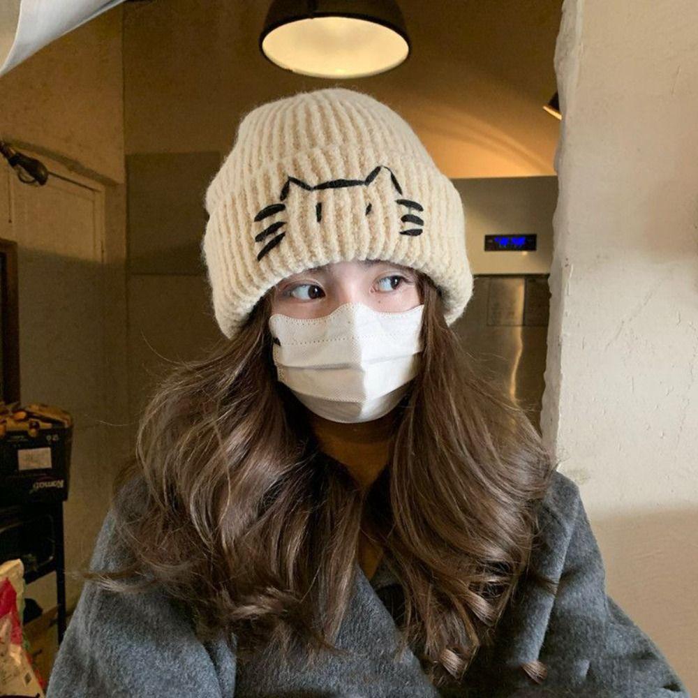 Embroidered Kitten Cute Cat Knitted Hat Warm Printing Knit Cap Retro Knit Beanies  Girls