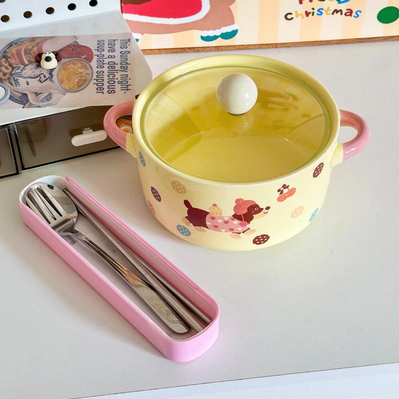 Ins süßer Wurstwelpe Keramik Instant-Nudel-Schüssel mit Deckel binaurale Schneckenpulver-Schüssel Geburtstagsgeschenk für Mädchen Souvenir