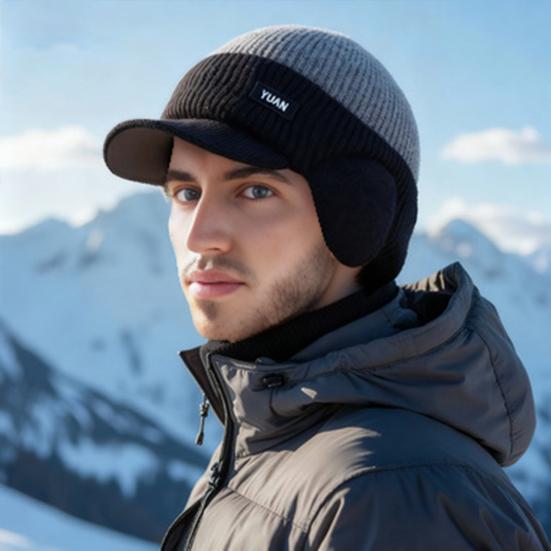 1/2Pcs Men Hat Sleek Color Block Knit Earflap Hat with Stretch-Fit Elastic Warm Thick Winter Hat Cold Weather Outdoor Winter Skiing Hiking Headwear